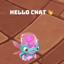 a cartoon character says hello chat next to a hand reaching out