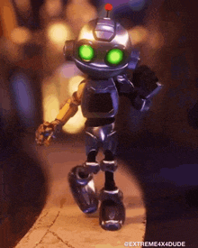 a robot with green eyes is walking on a ledge