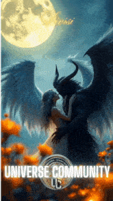 a painting of a woman kissing a demon with the words universe community lc
