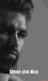 a black and white photo of a man with a beard and the words simon und nico on the bottom