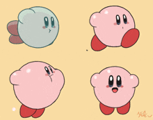 four different drawings of kirby with the letters jl on the bottom right