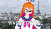 a girl with a moustache is standing in front of the eiffel tower and the words vive la france