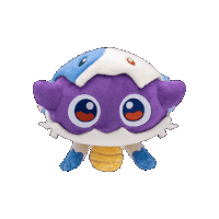 a purple and white stuffed animal with big eyes and a yellow tail on a white background