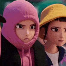 a girl wearing a pink hoodie and a yellow hat stands next to another girl