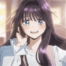 a close up of a girl with purple hair