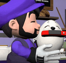 a cartoon character in a purple hat is holding a white egg with a red mouth