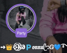 a purple circle with a picture of a person and the word party on it