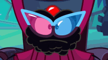 a close up of a cartoon character wearing sunglasses and a red ruby