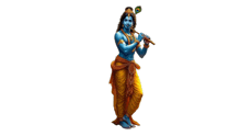a statue of a blue and yellow krishna playing a flute