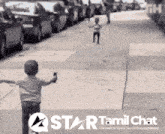 a poster for star tamil chat shows a boy walking down a street