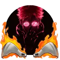 a man with glowing eyes is surrounded by flames and a pair of headphones