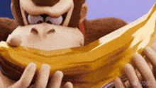 a cartoon gorilla is holding a banana in front of his face