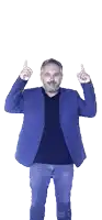 a man in a blue jacket is pointing up