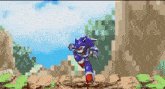 a pixel art of sonic the hedgehog standing on a cliff