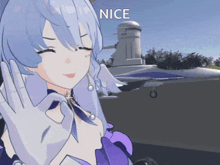 a girl with blue hair and white gloves says nice in front of a plane