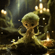 a figurine of a tree with roots and leaves is sitting on a rock