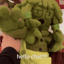 a person is holding a stuffed animal that says hello chat on it