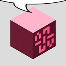 a purple cube with a speech bubble above it .