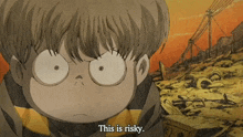 a cartoon character says " this is risky " in front of a ruined area