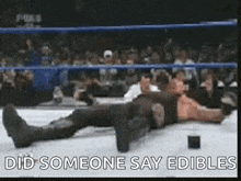 a wrestler laying on the ground with the words did someone say edibles above him