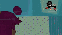 a cartoon of a person looking at a picture of a ninja on a wall .