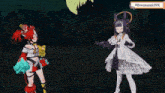 two anime characters are standing next to each other with the words evermorelive in the upper right corner