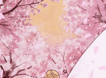 a painting of a girl standing under a tree with pink flowers