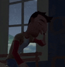 a cartoon man covering his face with his hand in front of a window