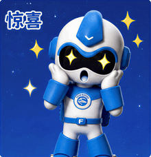 a blue and white robot with the letter f on its chest