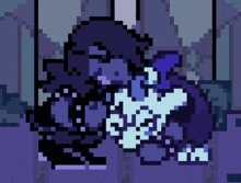 a pixel art drawing of a person with a purple and blue colored body