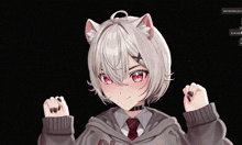 a girl with white hair and cat ears is wearing a hoodie and tie