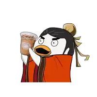 a cartoon character holding up a cup of iced coffee from holland coffee