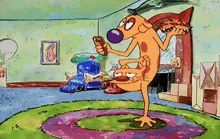 a cartoon cat with a purple nose is standing on a rug in a room