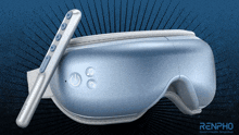 a blue renpho eye mask with a remote control attached to it