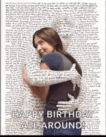 a woman is being hugged by a cat with the words happy birthday all around written on it