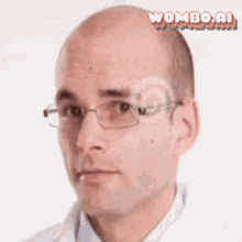 a bald man wearing glasses and a white lab coat with wombo.ai written on the bottom