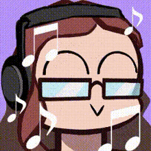 a cartoon of a girl wearing headphones and glasses with music notes coming out of her face .