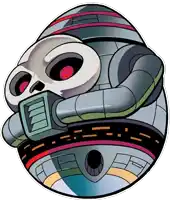 a cartoon drawing of a robot with a skull on it 's head