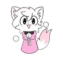a cartoon drawing of a white cat wearing a pink sweater and a bell collar .