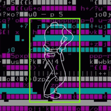 a drawing of a person standing in front of a computer screen with letters and numbers