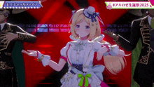 a girl in a white dress and top hat is dancing on stage