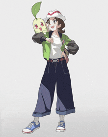 a drawing of a girl standing next to a cartoon character
