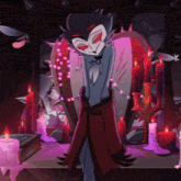 a cartoon character is standing in front of a mirror with candles around it
