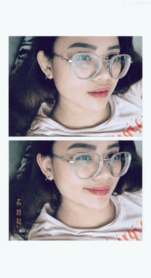 two pictures of a woman wearing glasses with the date 22/05/22 on the bottom right
