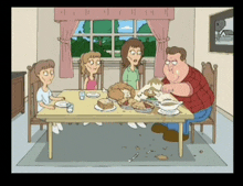 a cartoon of a family sitting around a table