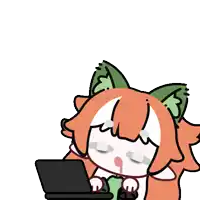a cartoon drawing of a girl with orange hair using a laptop