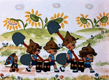 a group of children are carrying buckets and shovels in a cartoon