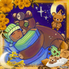 a picture of a teddy bear hugging another teddy bear with flowers in the background