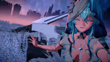 a girl with blue hair stands in front of a white piano