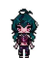 a pixel art of a girl with blue hair and red eyes standing in front of a pink heart